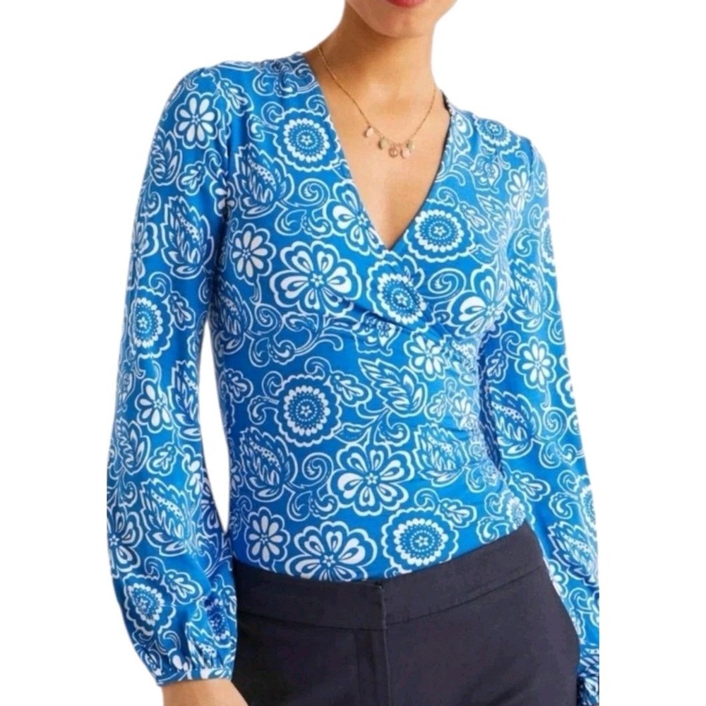 Boden Blue Floral Elodie Long Balloon Sleeve Jersey Knit Wrap Blouse Sz US 6